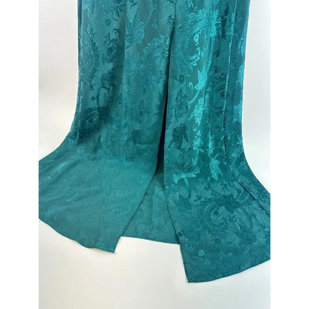 Victorias Secret Gold Label Emerald Green Satin Maxi Slip Gown Floral Jacquard L